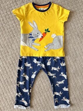 2T-3T Mini Boden Yellow and Navy Bunny Tee & Navy Bunny Print Pants Set